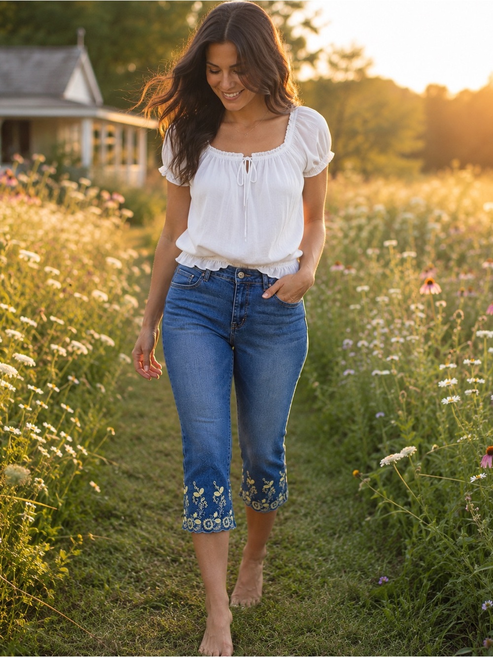 Sandpiper Petite 6P Embroidered Floral Capri Jeans Stretch Denim Cottagecore
